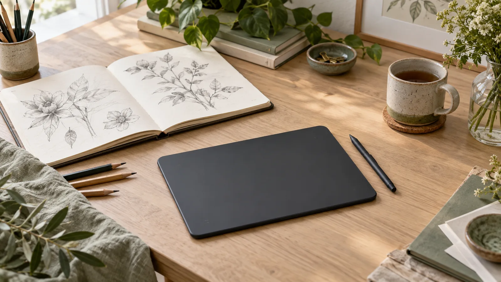 An unbranded drawing pad and stylus beside a botanical sketchbook on a sunlit desk.